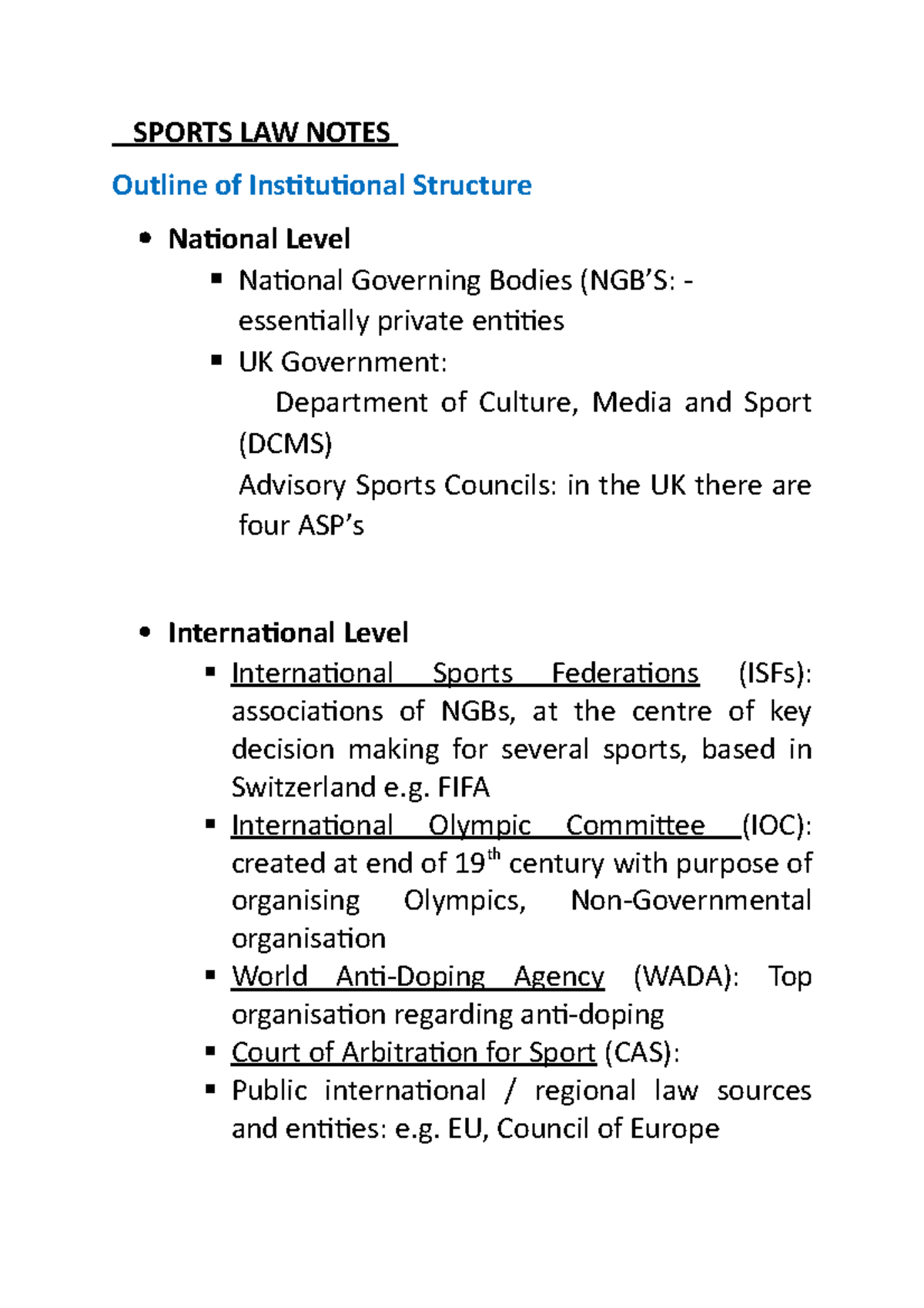 Sports LAW Notes SPORTS LAW NOTES Outline of Institutional Structure