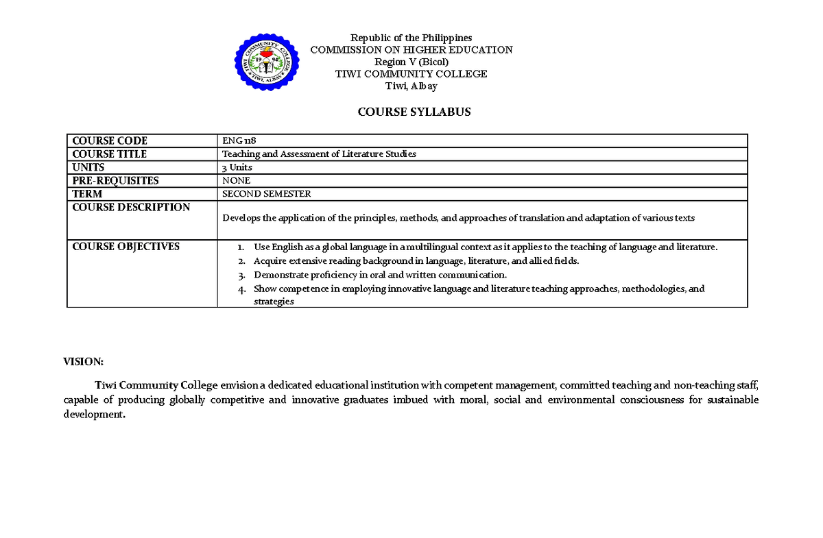 Course Syllabus ENG 118 - Republic Of The Philippines COMMISSION ON ...