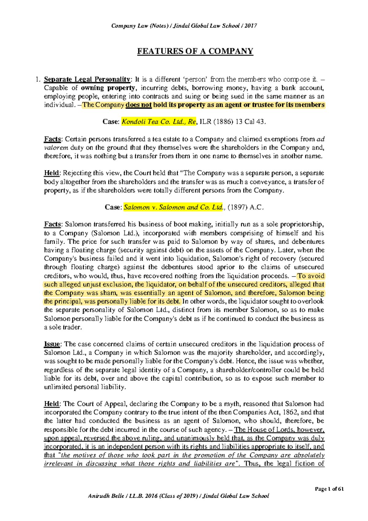 Company Law Notes - Page 1 of 61 FEATURES OF A COMPANY Separate Legal ...