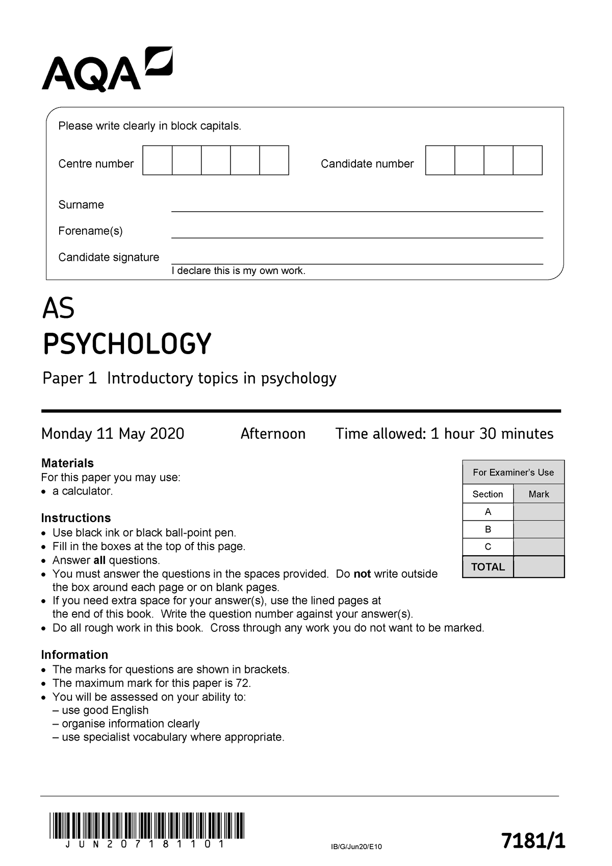 AQA 71811 QP NOV20 - Practice Exam Questions - JUN207181101 IB/G/Jun20 ...