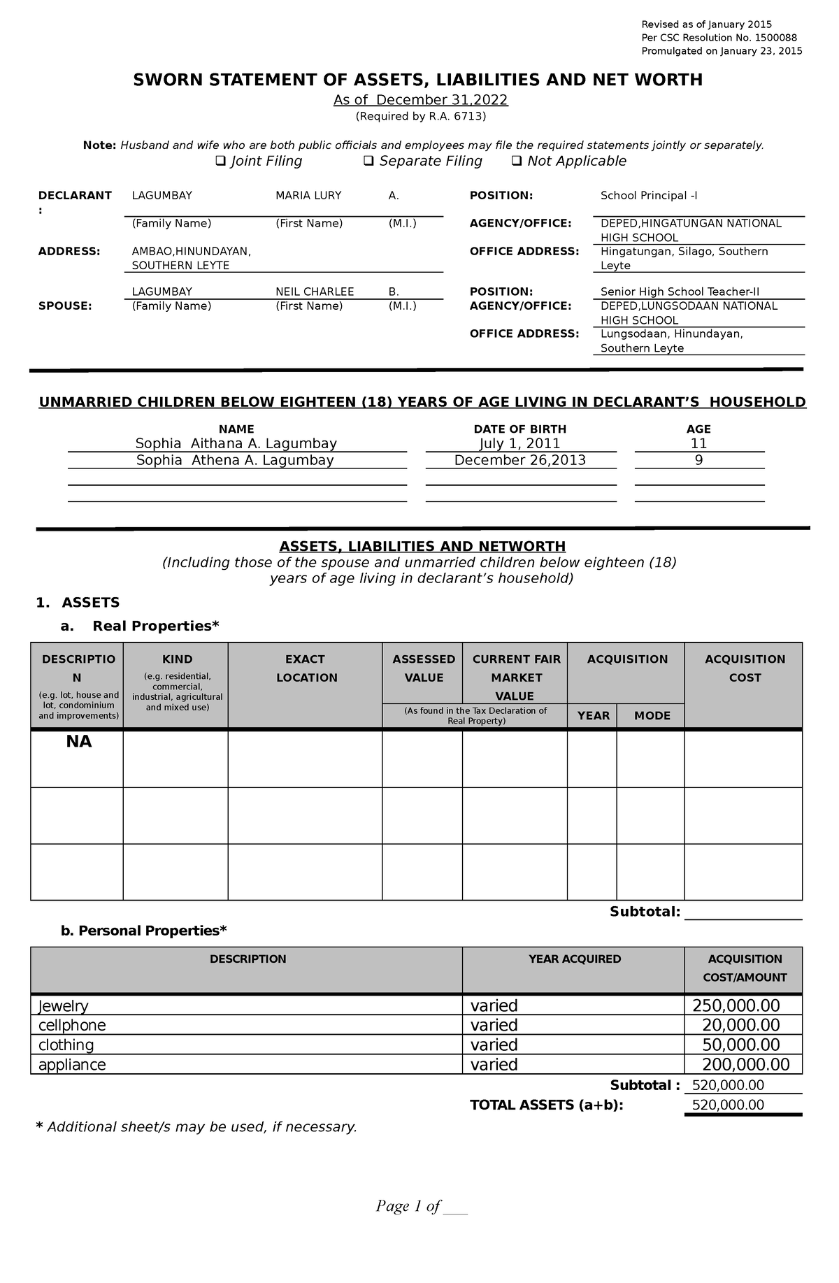 2015 Saln Form - Related Documents - Revised As Of January 2015 Per Csc 