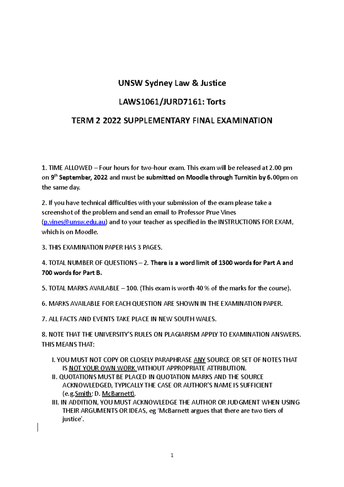 Torts T2 2022 Supplementary Exam UNSW Sydney Law & Justice LAWS1061