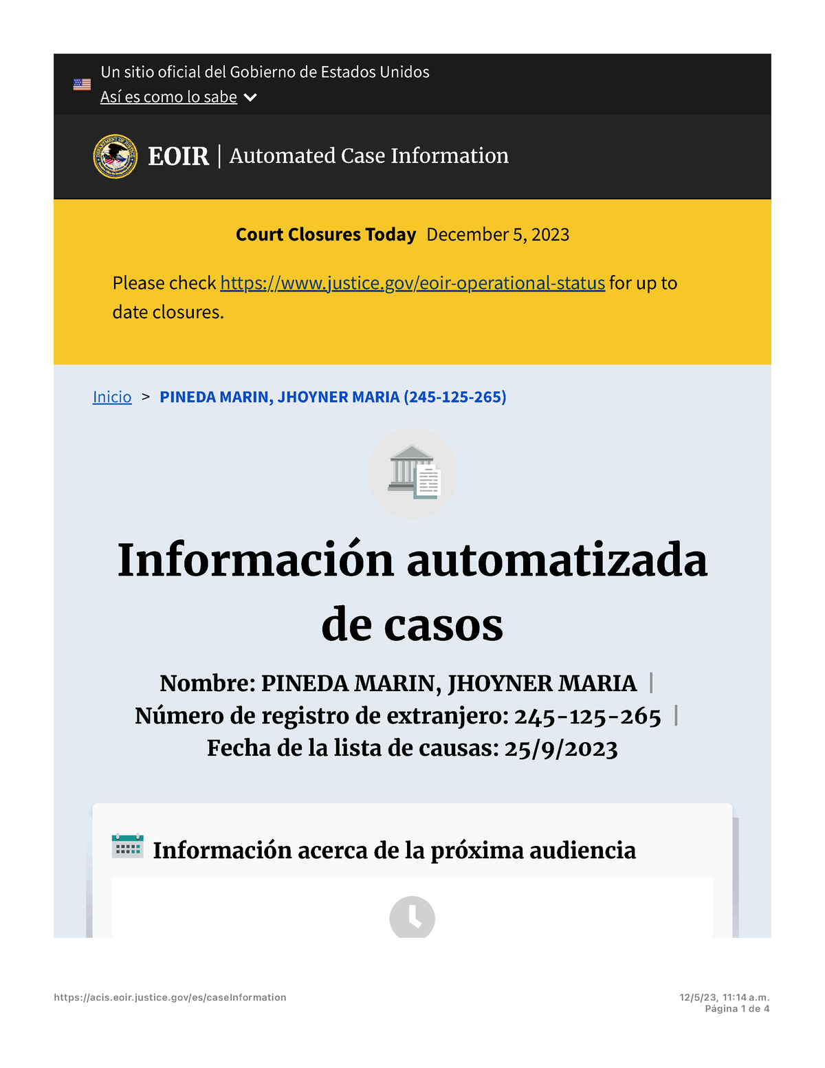 Información Automatizada De Casos E X E C U T I V E O F F I C E F O R I M M I G R A T I O N R 2496