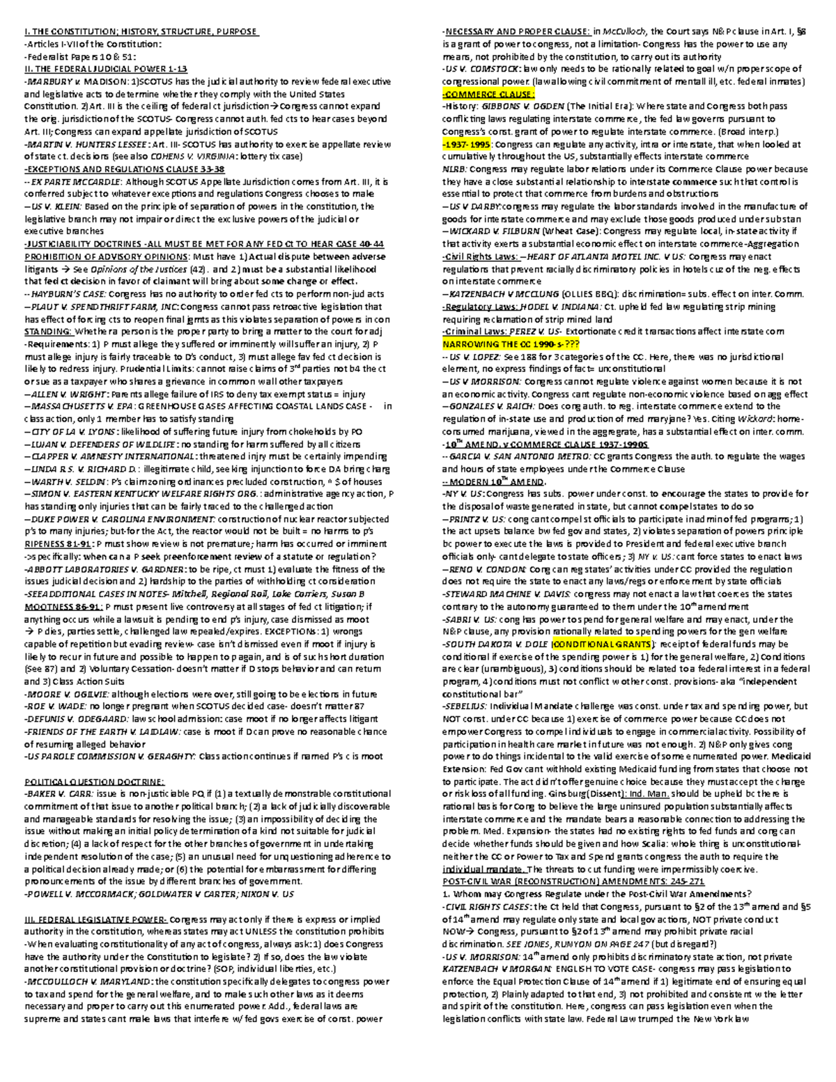Con Law Exam Cheat Sheets I. THE CONSTITUTION; HISTORY, STRUCTURE