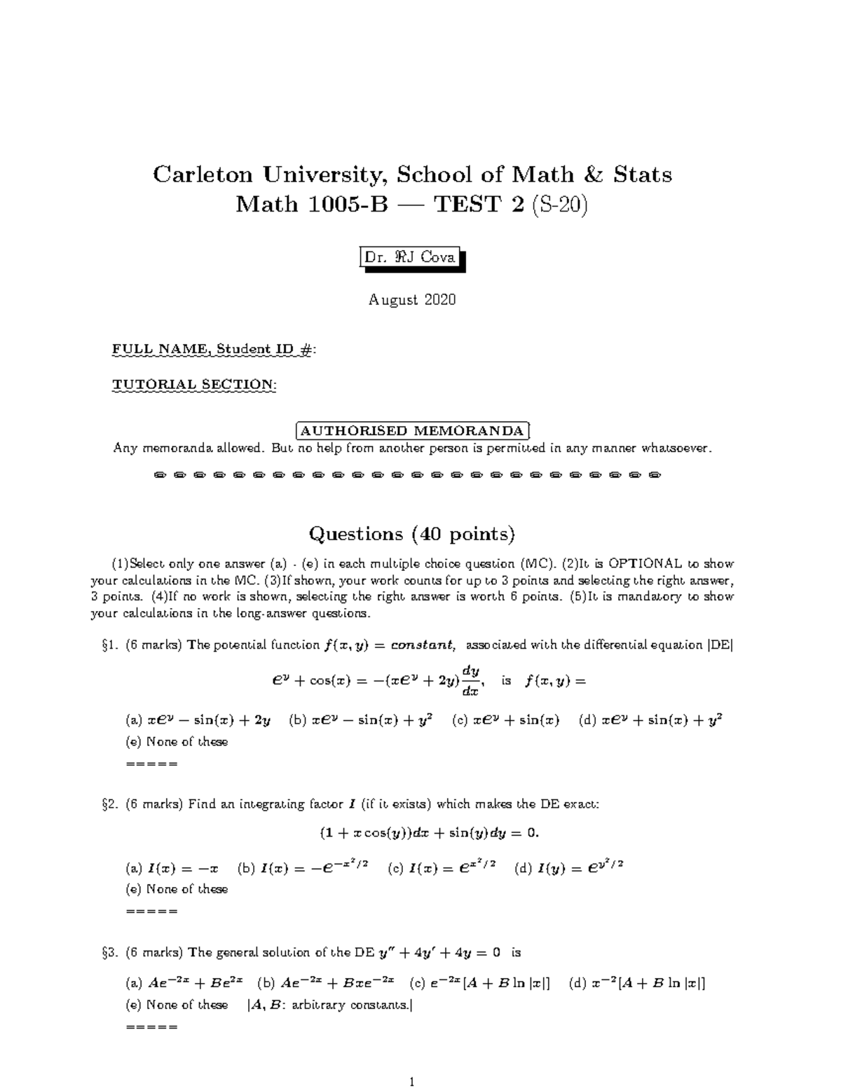 Test 19 10 August 2020, questions - Carleton University, School of Math ...