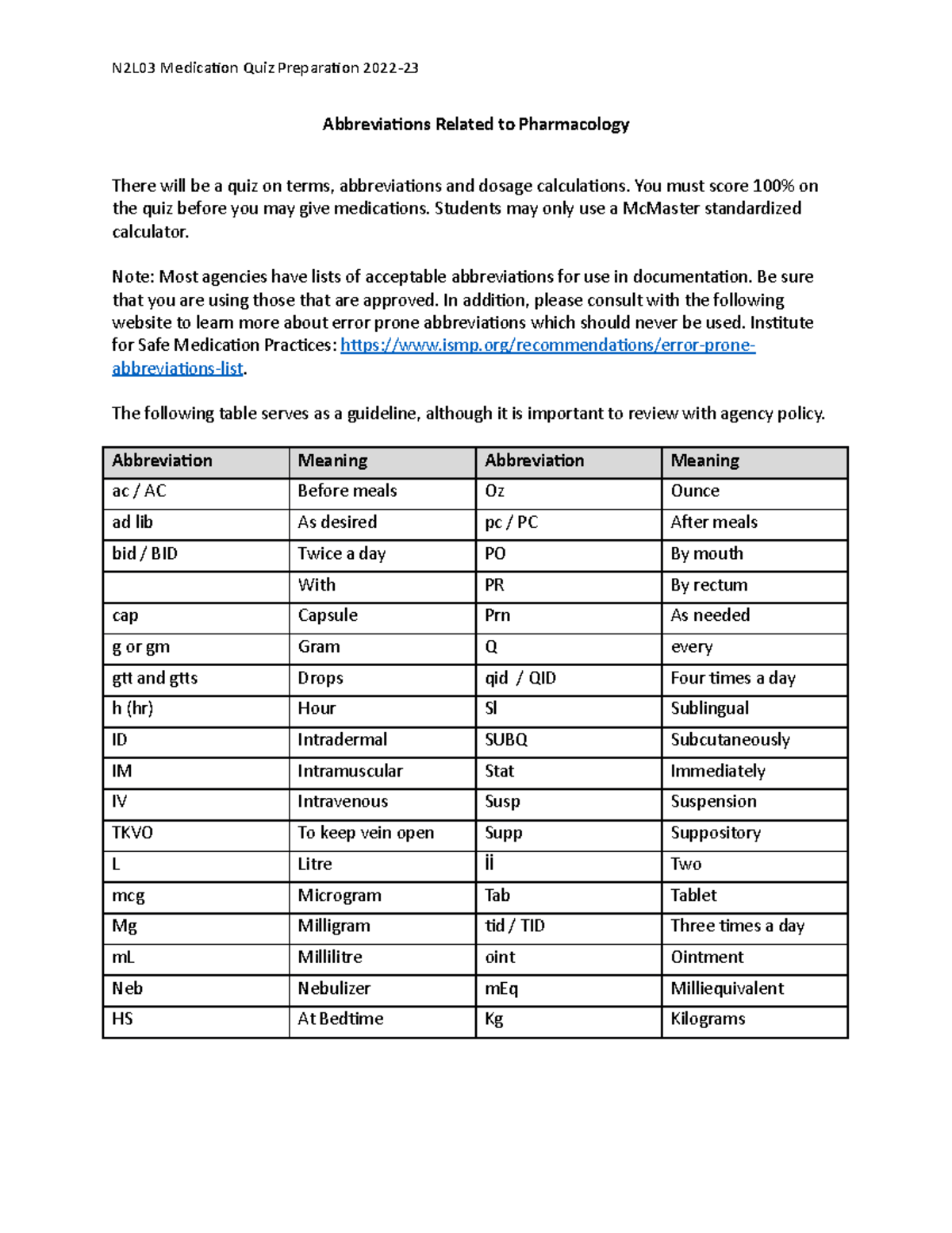 N2L03 Abbreviation Prep for Med Quiz 202223 N2L03 Medication Quiz