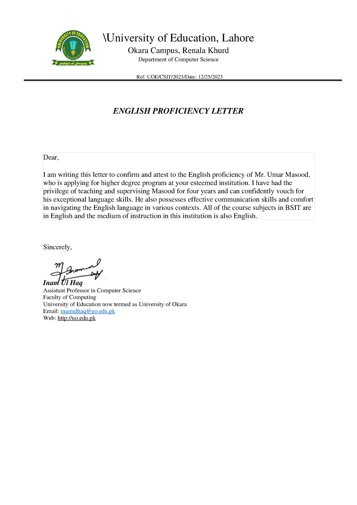 English Proficiency Letter - \University of Education, Lahore Okara ...