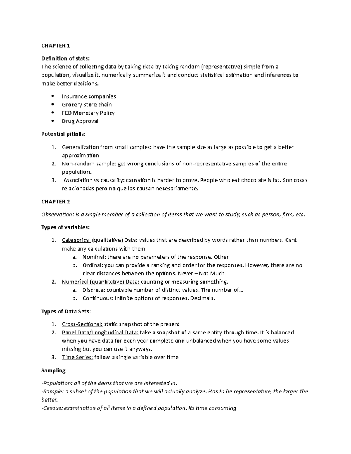 Summary - lecture Week 1 -6 - CHAPTER 1 Definition of stats: The ...