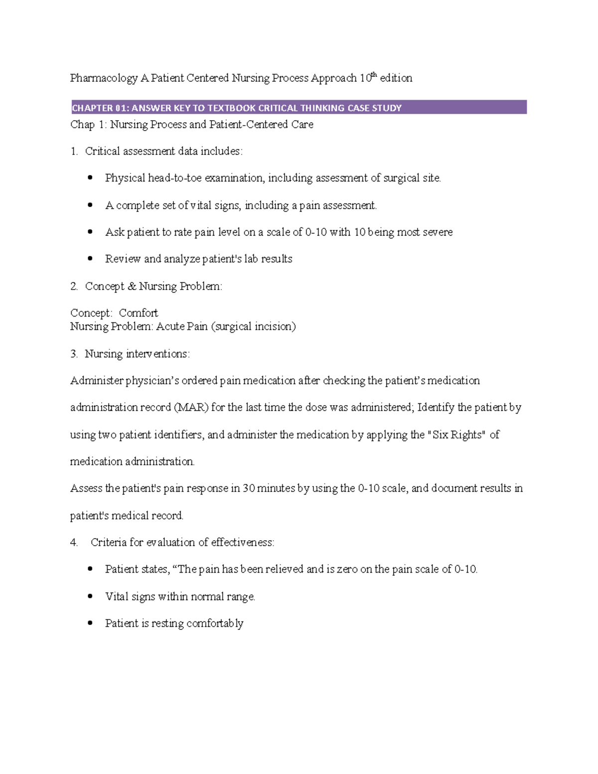 Chapter 1 Critical Thinking Answer Key Case Study Pharmacology A Patient Centered Nursing 