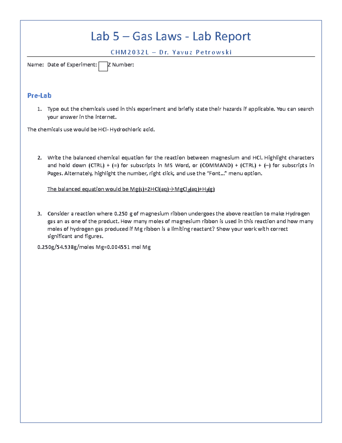 Lab5Lab ReportGas Lawsdone Lab 5 Gas Laws Lab Report C H M 2 0