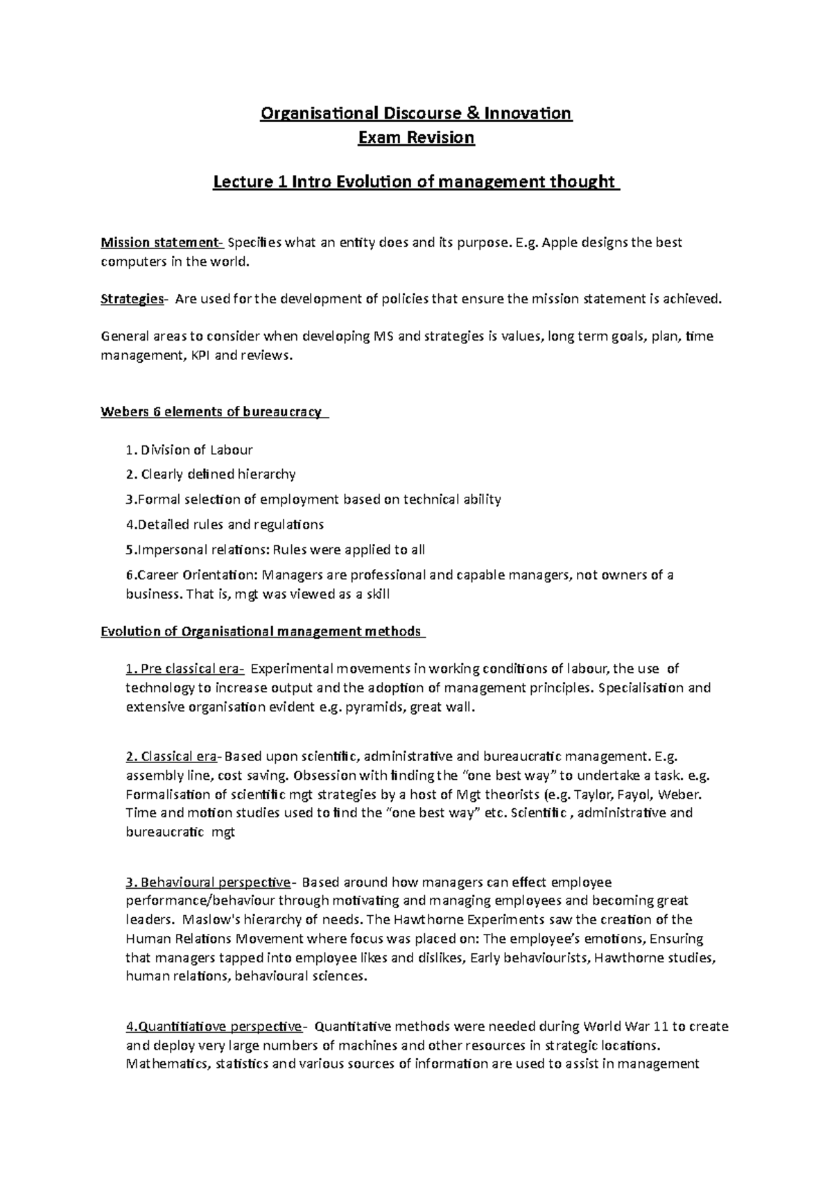 Lecture notes, lectures 1-7 - Organisational Discourse Innovation Exam ...