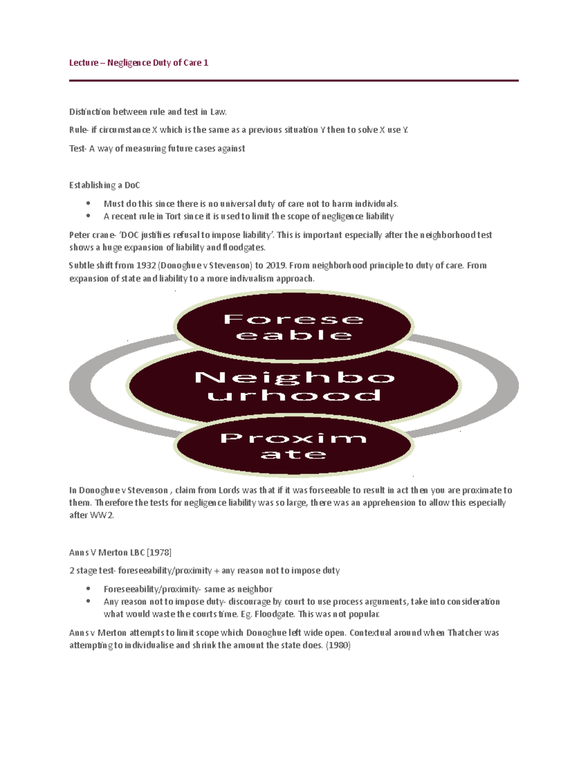 Lecture 6 notes negligence duty of care - Lecture – Negligence Duty of ...