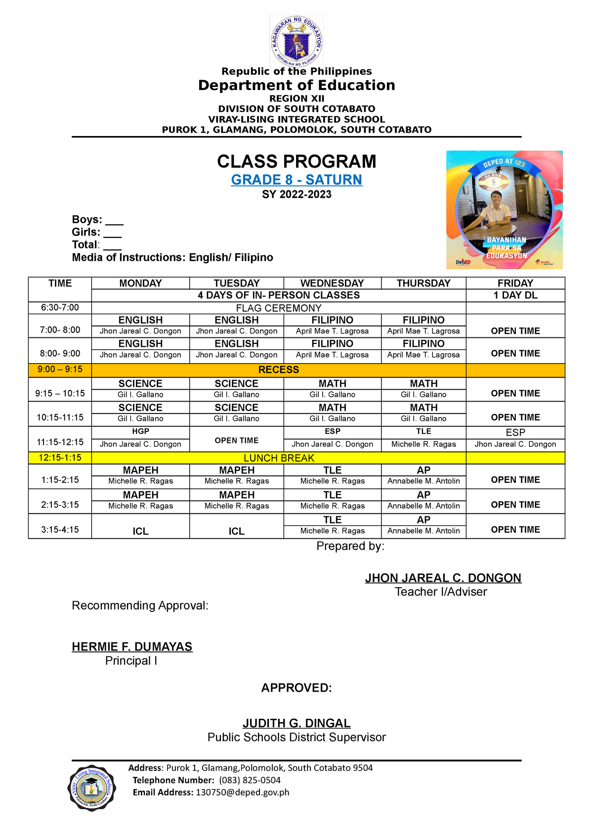 Class Program SY 2022 2023 - Republic of the Philippines Department of ...