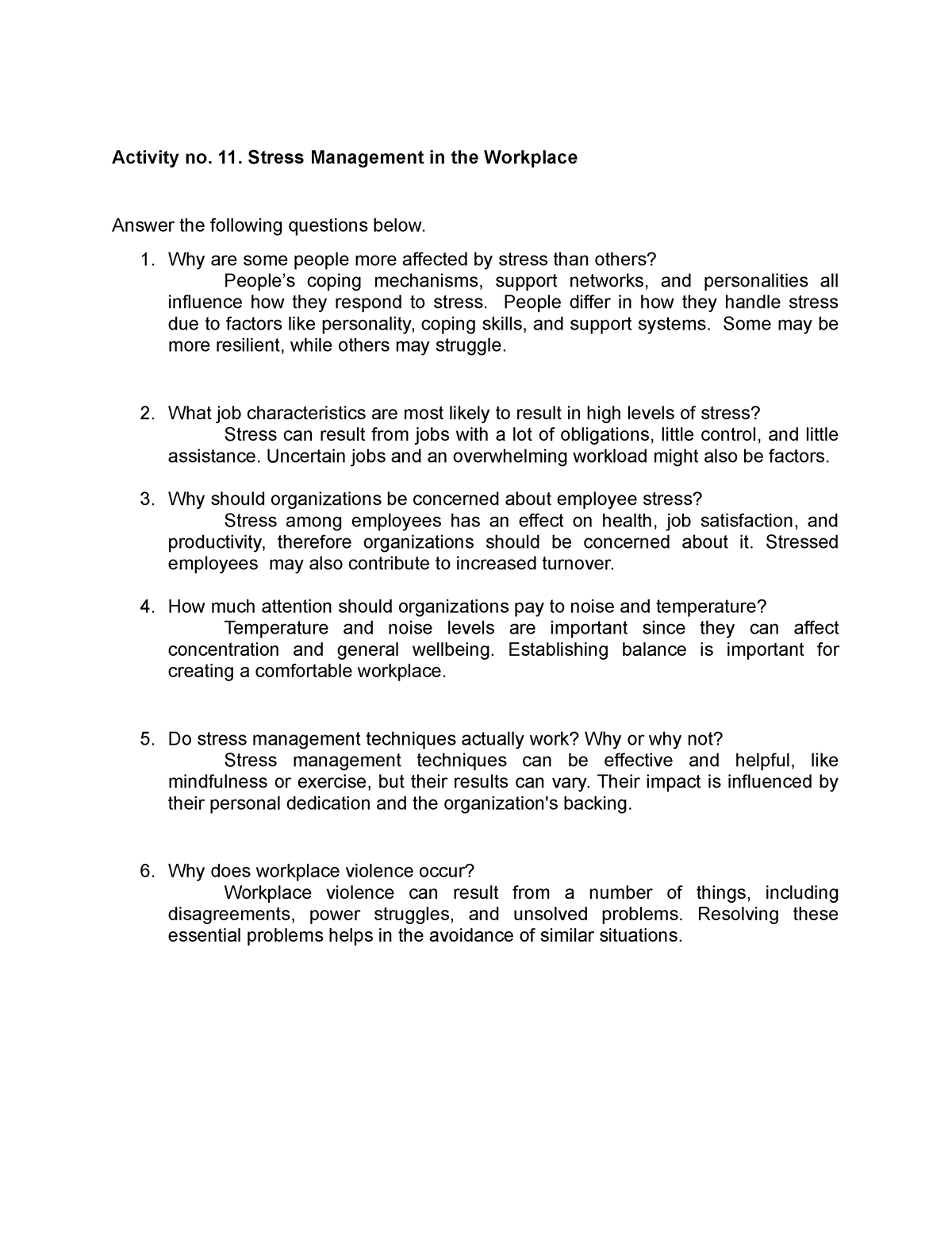 Stress management in the workplace - Activity no. 11. Stress Management ...