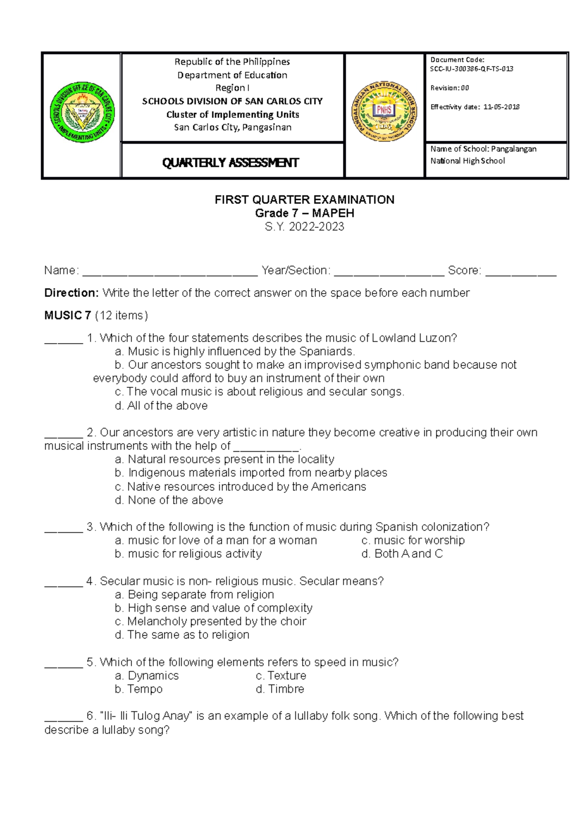 1st Quarter Mapeh 7 Exam A4 - Republic Of The Philippines Department Of ...