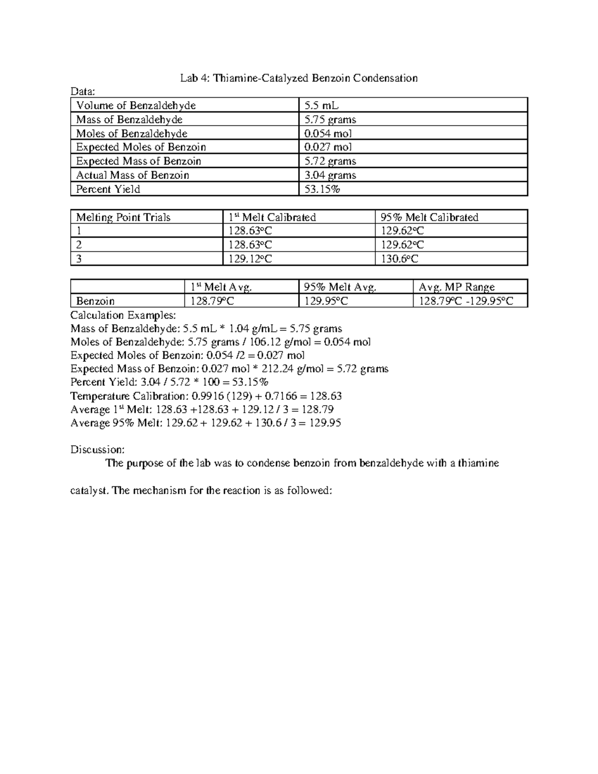ThiamineCatalyzed Benzoin Condensation Lab 4 ThiamineCatalyzed Benzoin Condensation Data