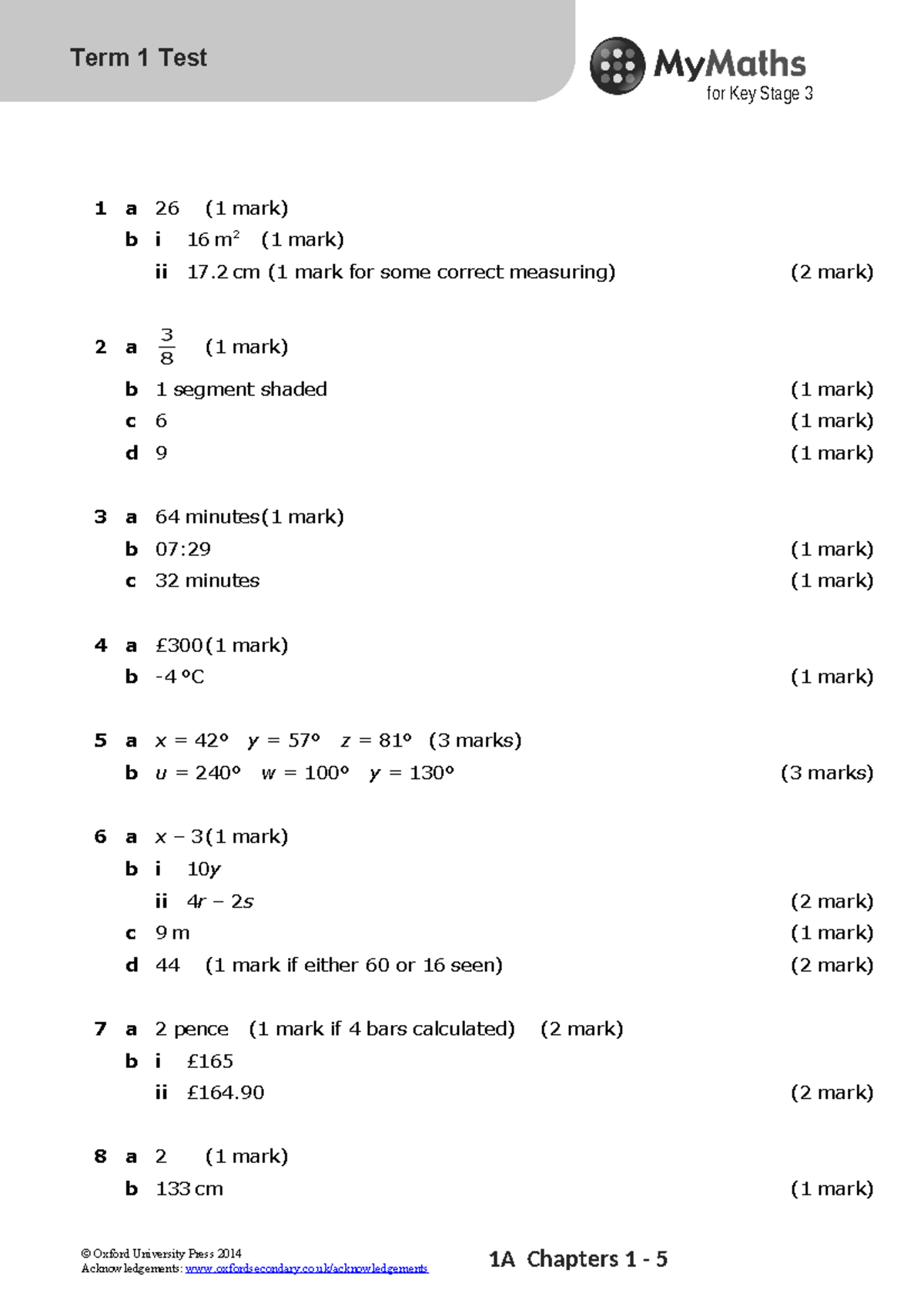 1A Term Test 1 Answers out of 40 - © Oxford University Press 2014 ...