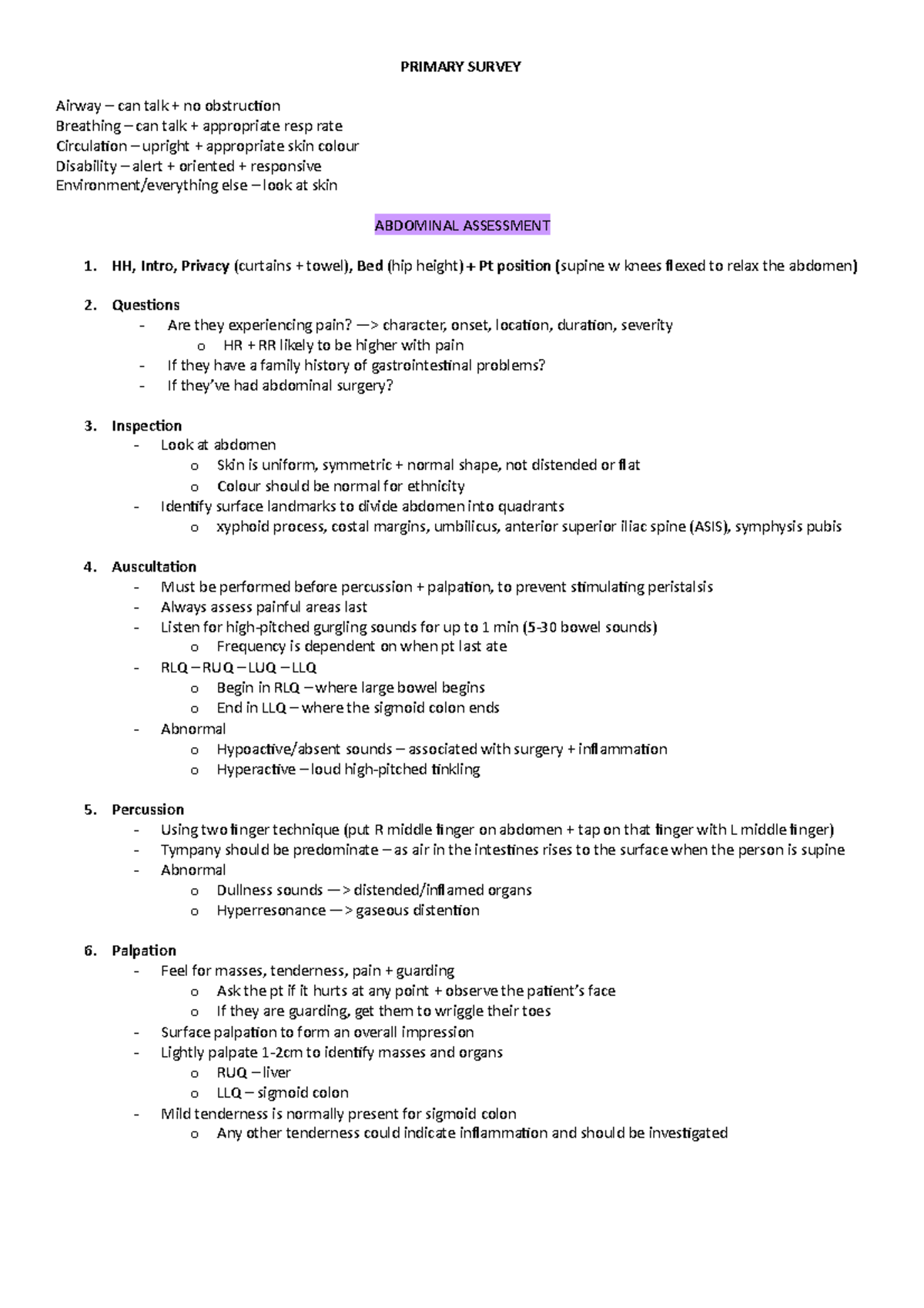 ABDO - assessment summary - PRIMARY SURVEY Airway – can talk + no ...