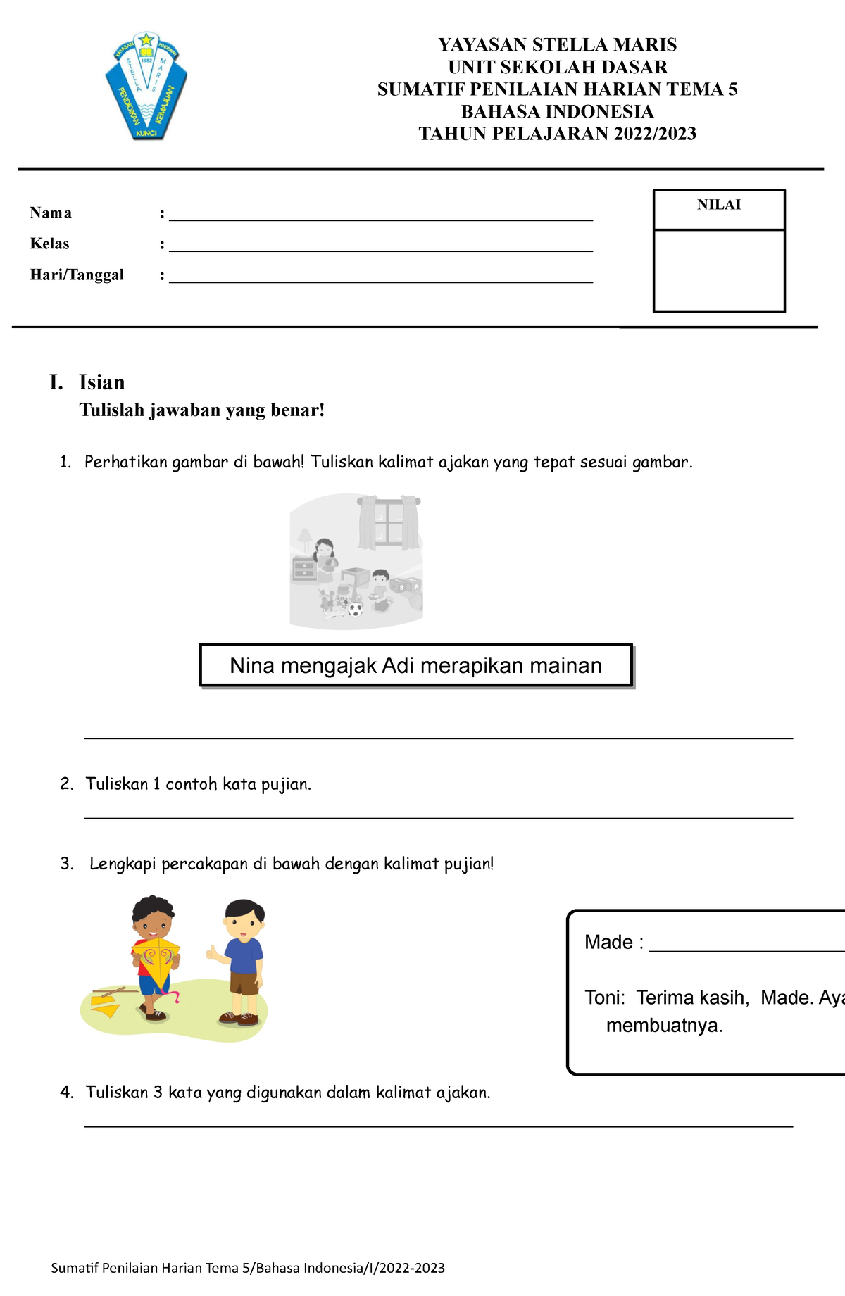 Soal Ulangan Bahasa Indonesia Penilaian Harian Tema 5 Subtema 1 - 4 ...