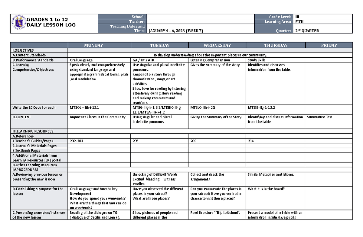 DLL MTB 3 Q2 W7 - for information - GRADES 1 to 12 DAILY LESSON LOG ...