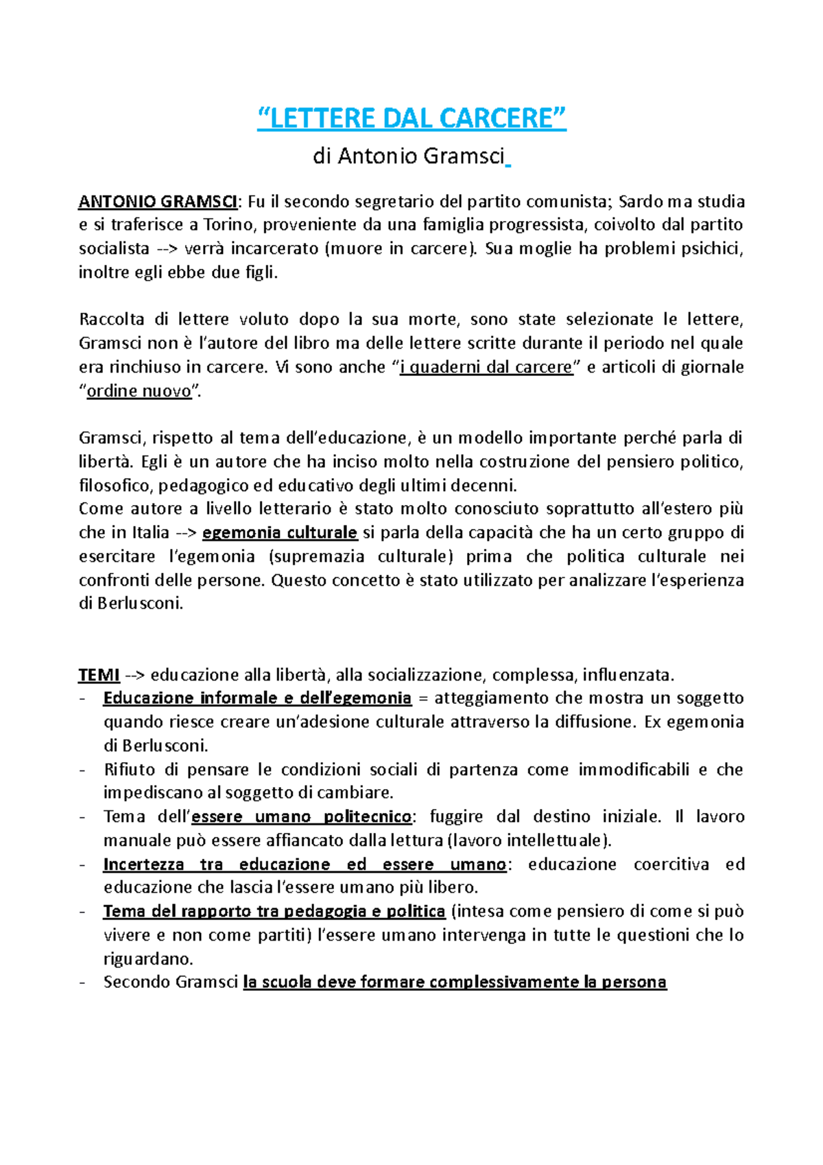 Lettere DAL Carcere riassunto Cadernos do cárcere “LETTERE DAL CARCERE” di Antonio Gramsci
