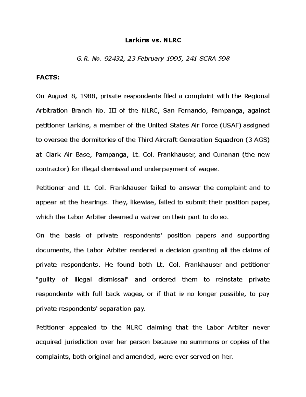 Larkins vs. NLRC - Larkins vs. NLRC G. No. 92432, 23 February 1995, 241 ...