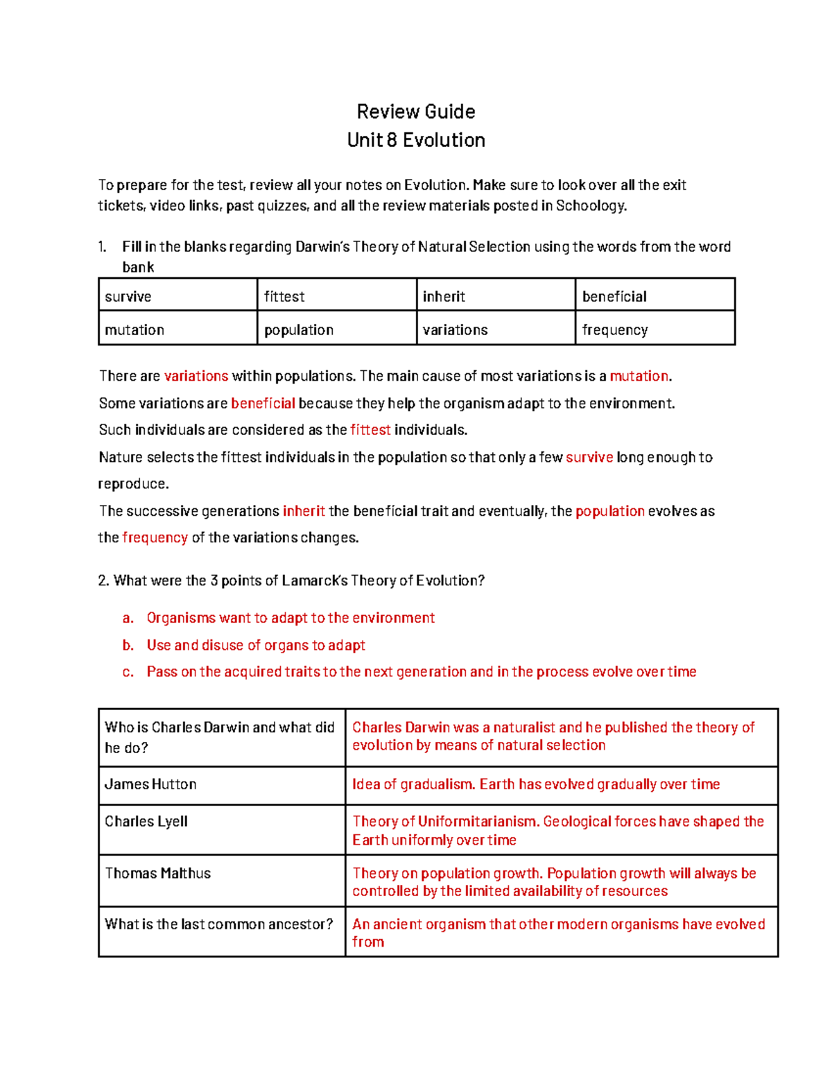 Unit+8+-+Review+Guide+Key - Review Guide Unit 8 Evolution To prepare ...