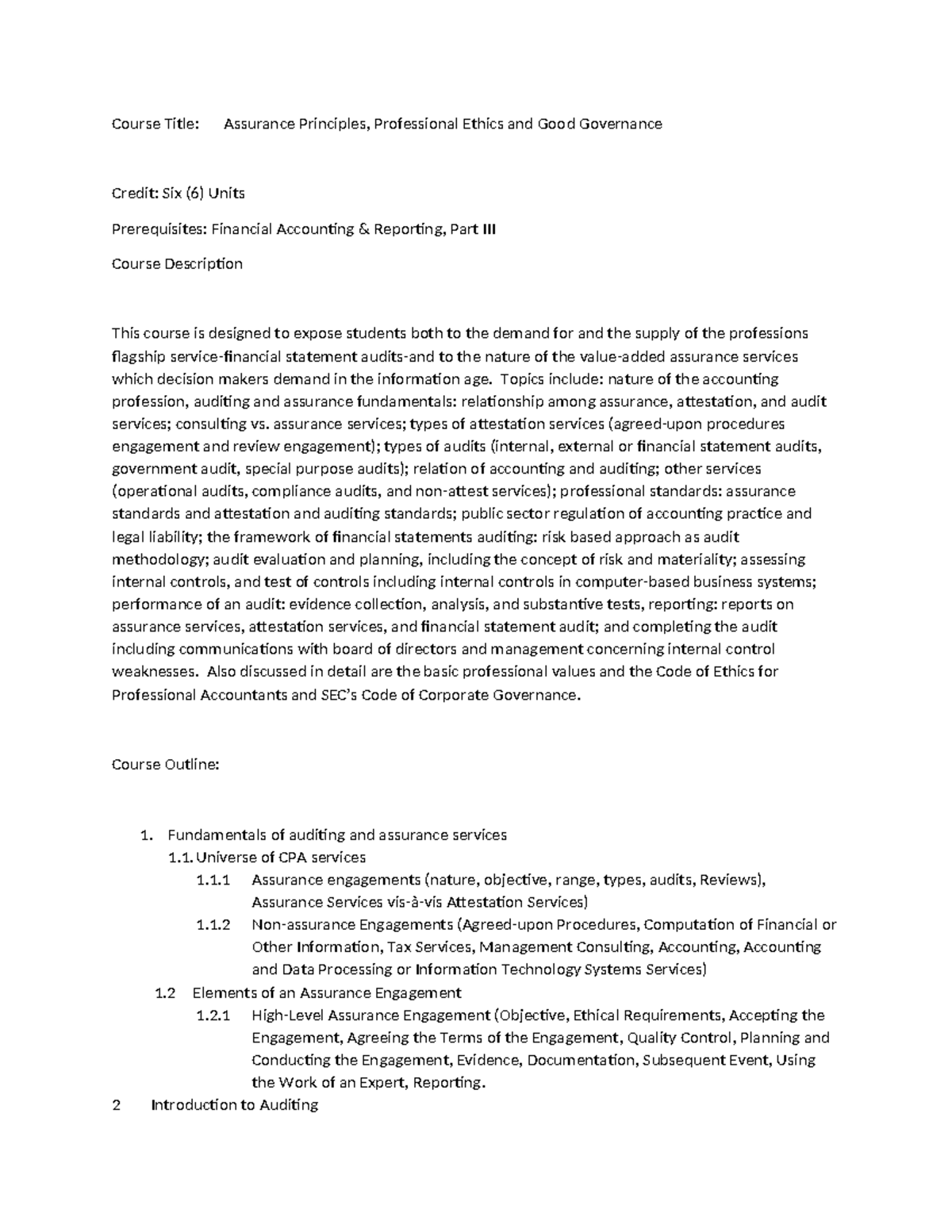 Auditing Theory Syllabus - Course Title: Assurance Principles ...