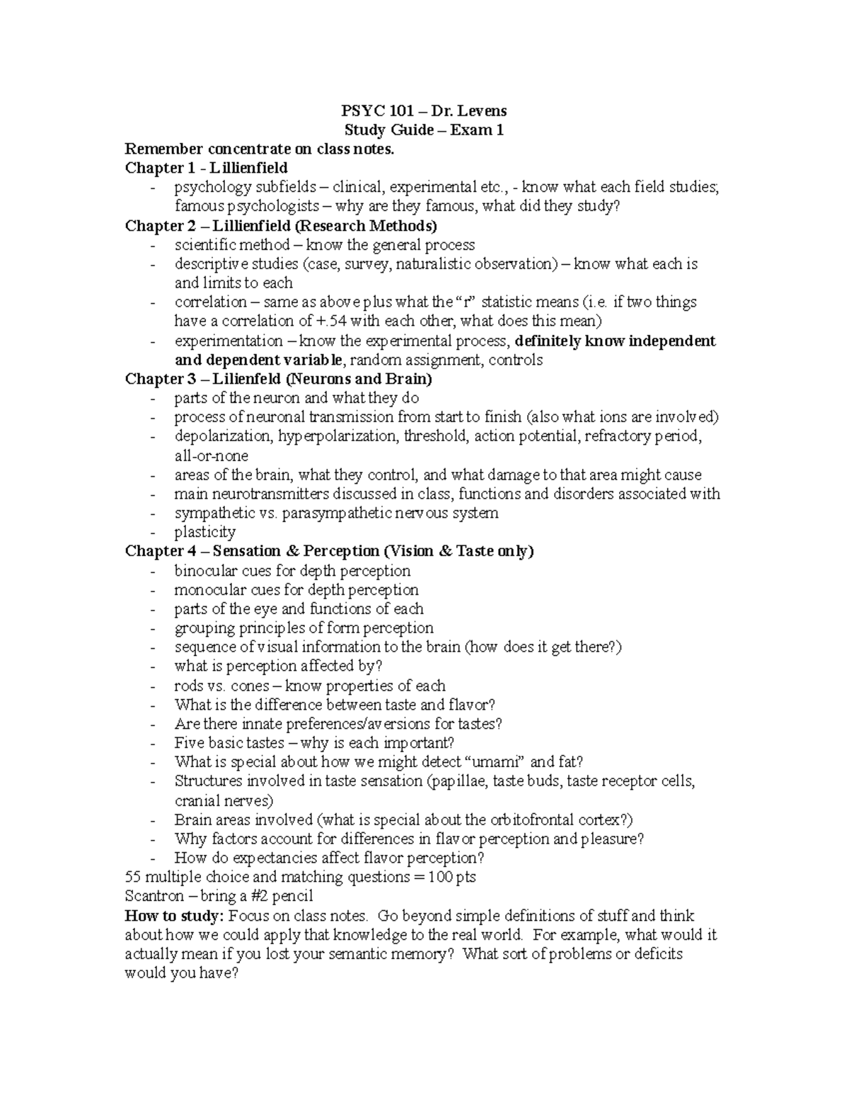 New Exam 1Stduy Guidew S&P - PSYC 101 – Dr. Levens Study Guide – Exam 1 ...