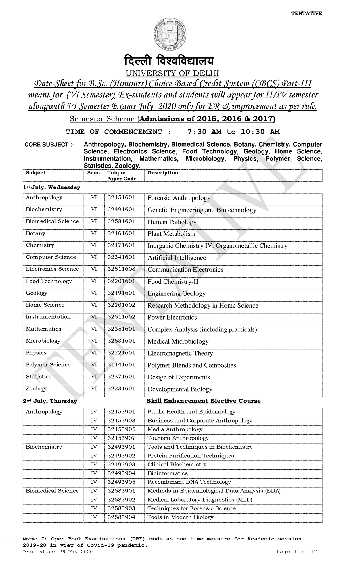 B.SC.(H) 2020-SEM - routine - Note: In Open Book Examinations (DBE ...