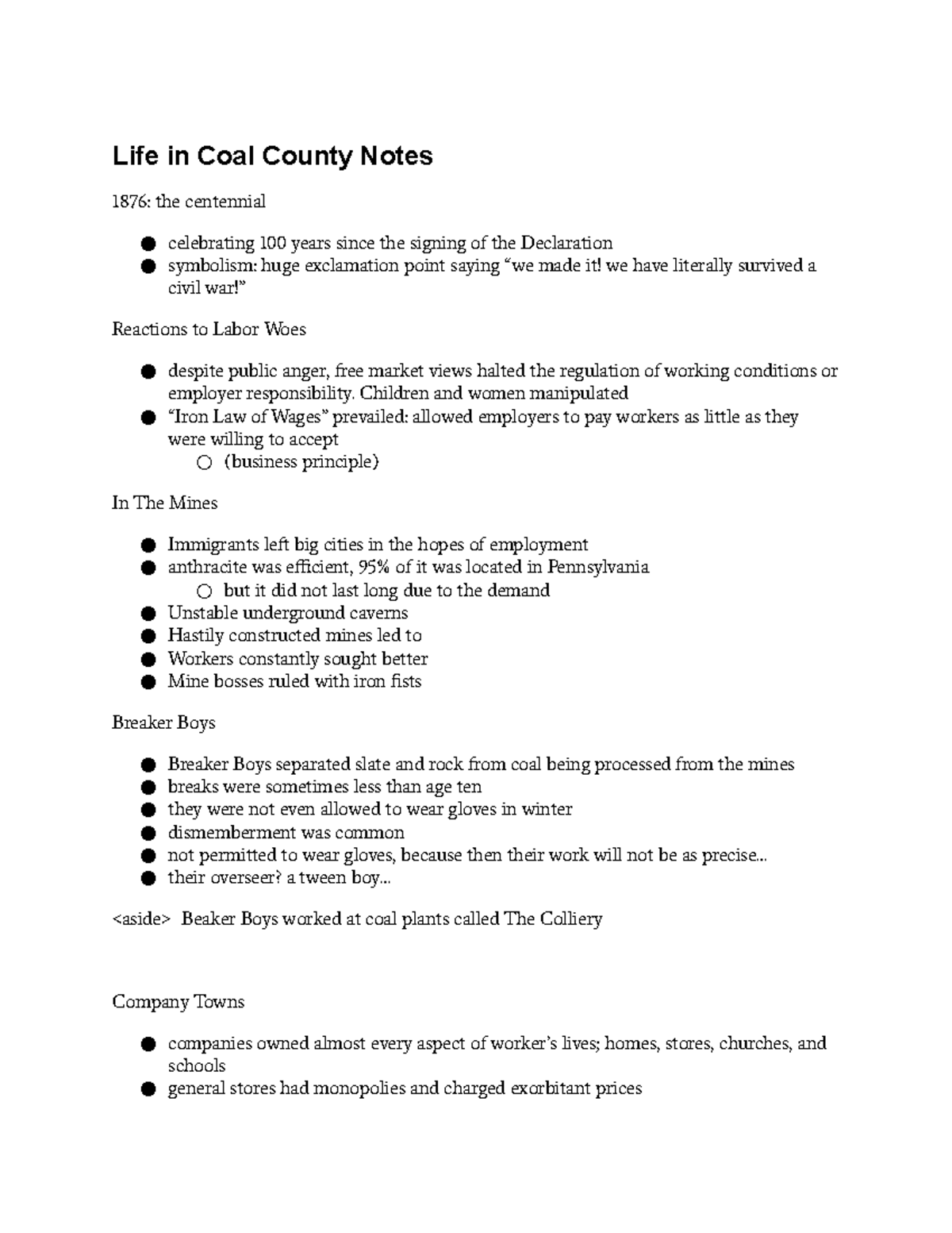 Life in Coal County Notes - Life in Coal County Notes 1876: the ...