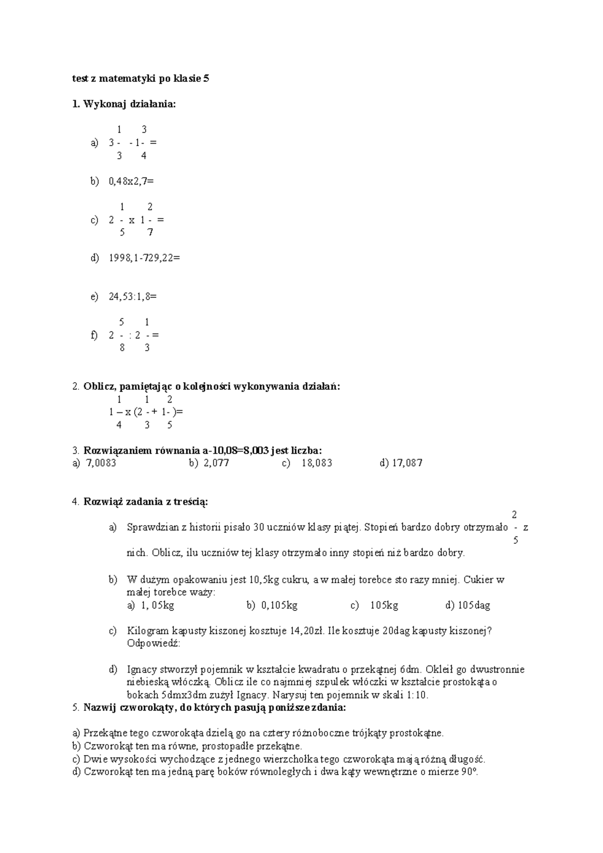 Test Sprawdzający Z Matematyki Po Klasie 4 www.studocu.com