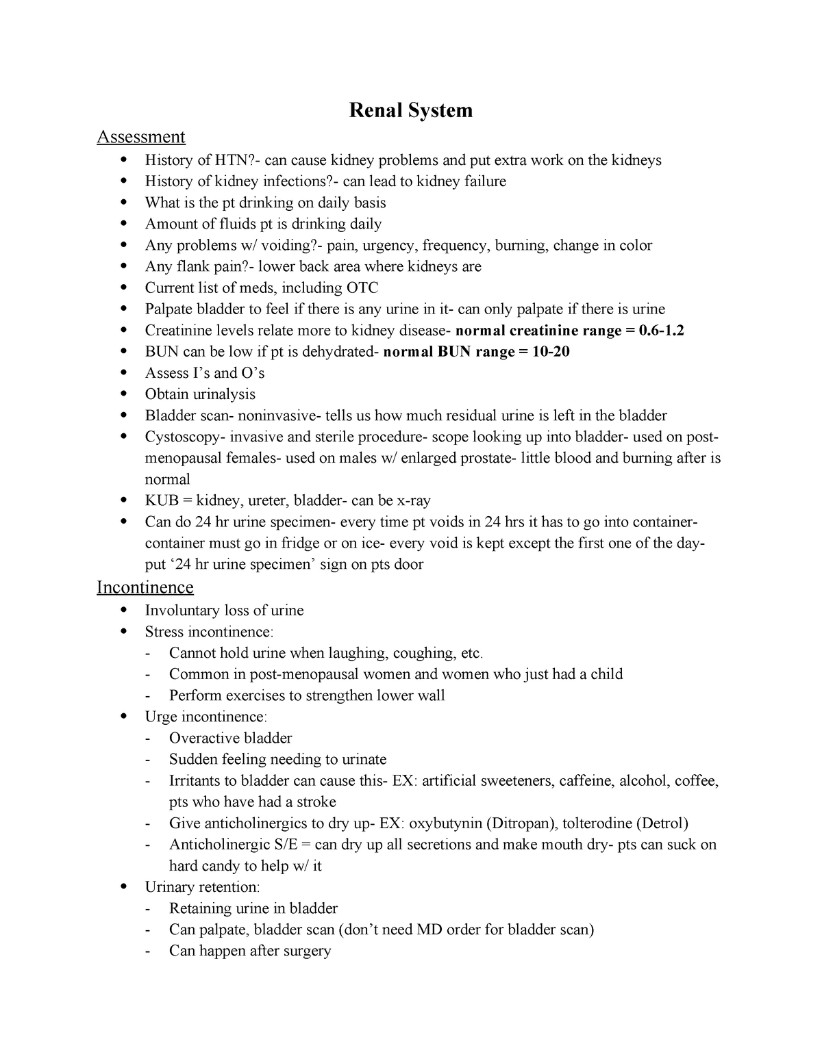 Renal Exam Review 7465 Renal System Assessment History Of Htn Can