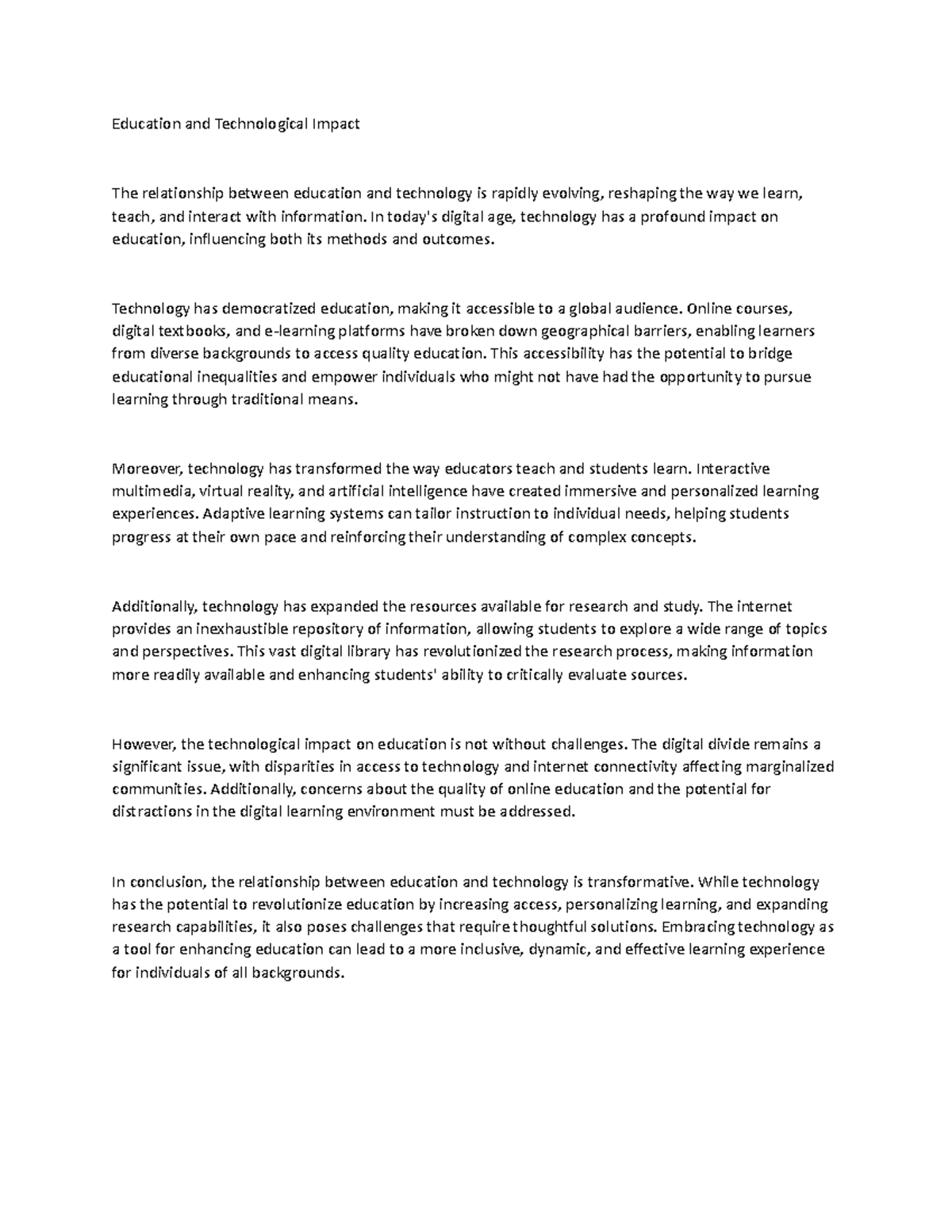Education and Technological Impact - In today's digital age, technology ...