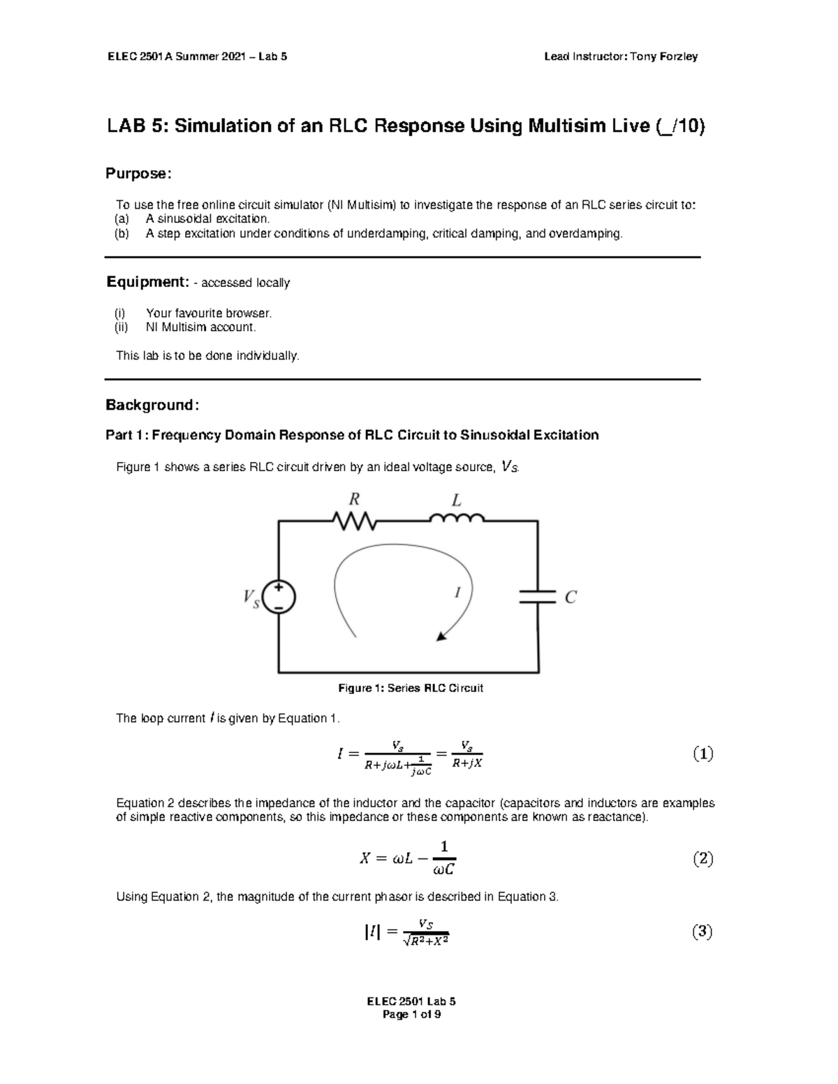 ELEC2501-Fall 2022-Lab-5 - ELEC 2501 Lab 5 LAB 5: Simulation of an RLC ...
