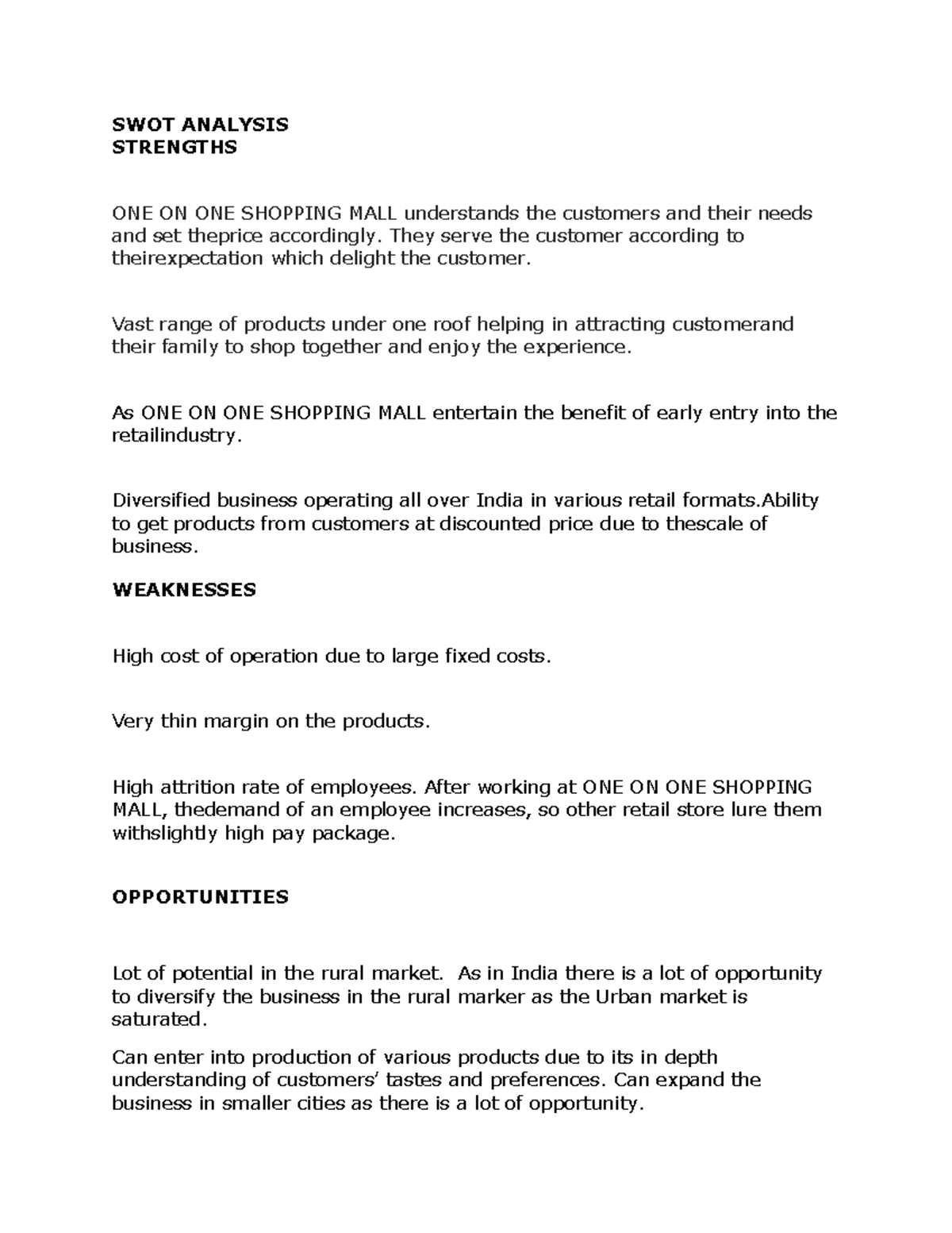 SWOT Analysis - SWOT ANALYSIS STRENGTHS ONE ON ONE SHOPPING MALL ...