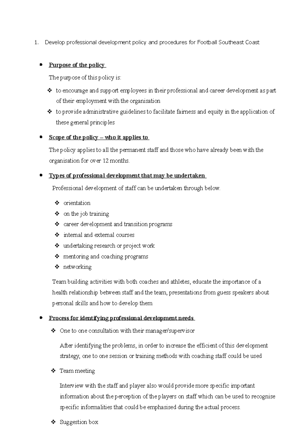 Develop professional development policy and procedures for Football ...
