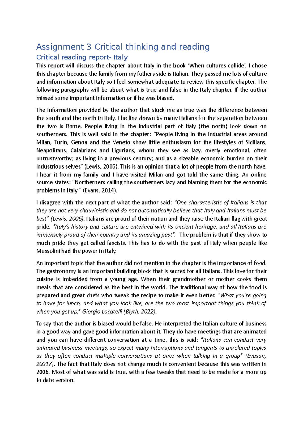 Assignment 3 Critical thinking and reading - Assignment 3 Critical ...