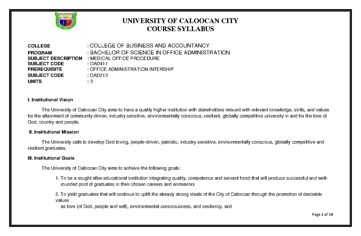 Medical Office Procedures COURSE SYLLABUS COLLEGE COLLEGE OF