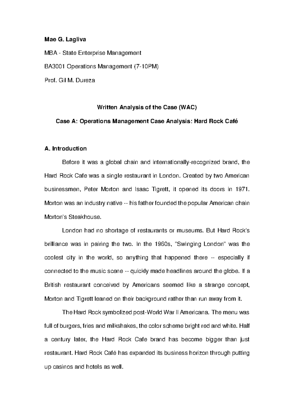 Lagliva WAC A - Written Analysis Case - Mae G. Lagliva MBA - State ...