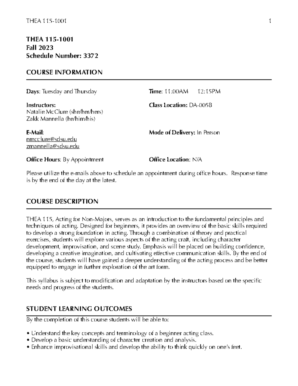 Acting for Non Majors syllabus THEA 115 Fall 2023 Schedule Number