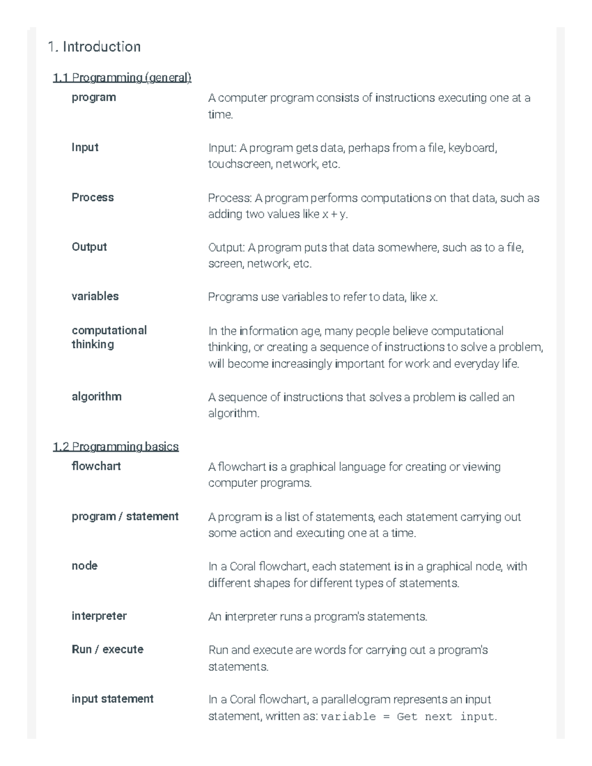 Vocab - 1. Introduction 1 Programming (general) program A computer ...