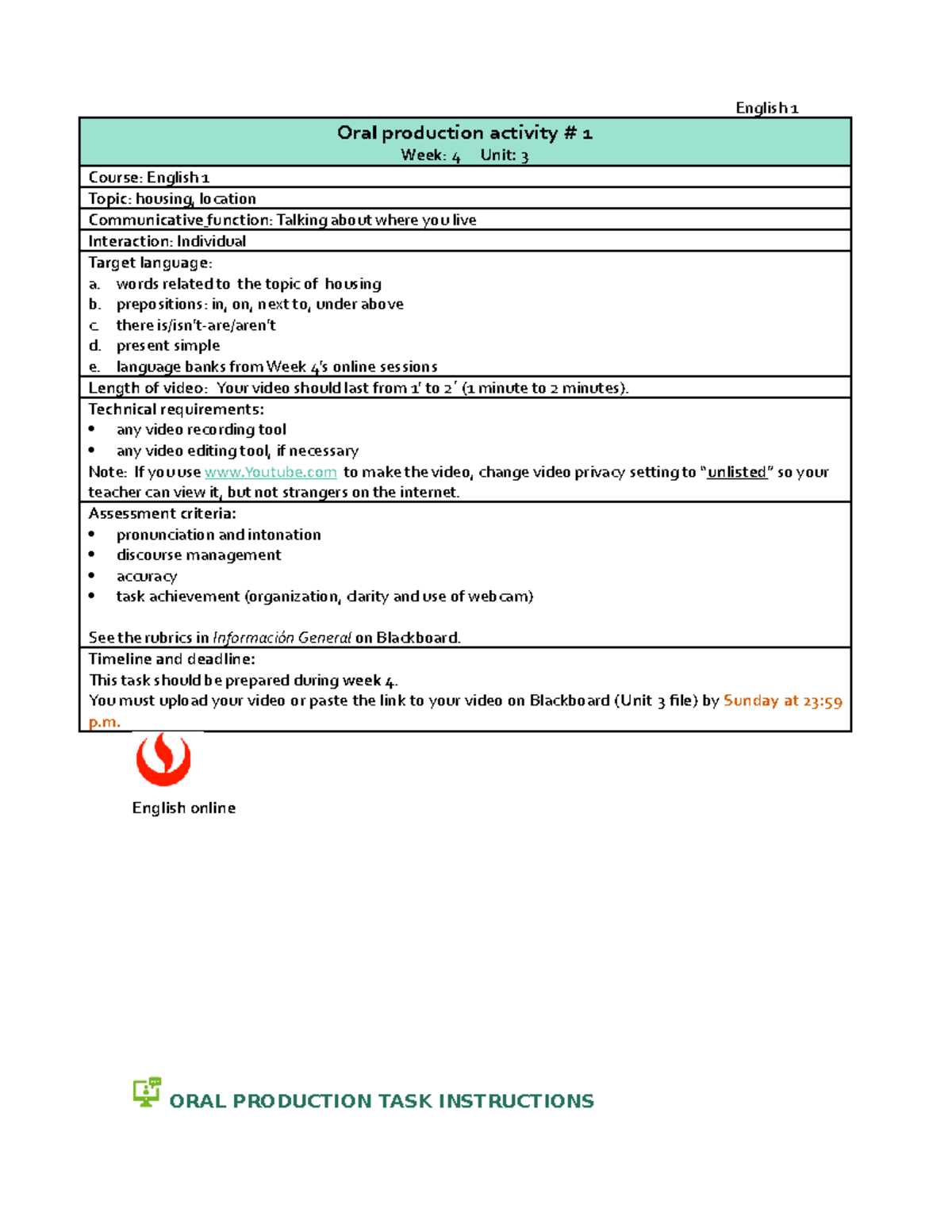 E1 OPA # 1 UNIT 3 - NINGUNA - English 1 Oral production activity # 1 ...