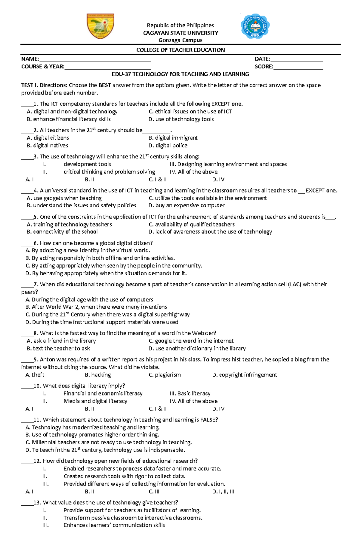 EDU-37 - reviewer - Republic of the Philippines CAGAYAN STATE ...