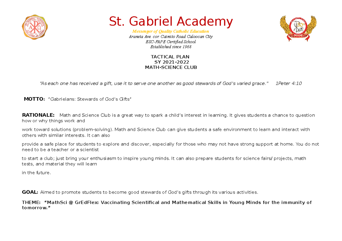 MATH SCI Tactical PLAN 2021 2022 - Messenger of Quality Catholic ...
