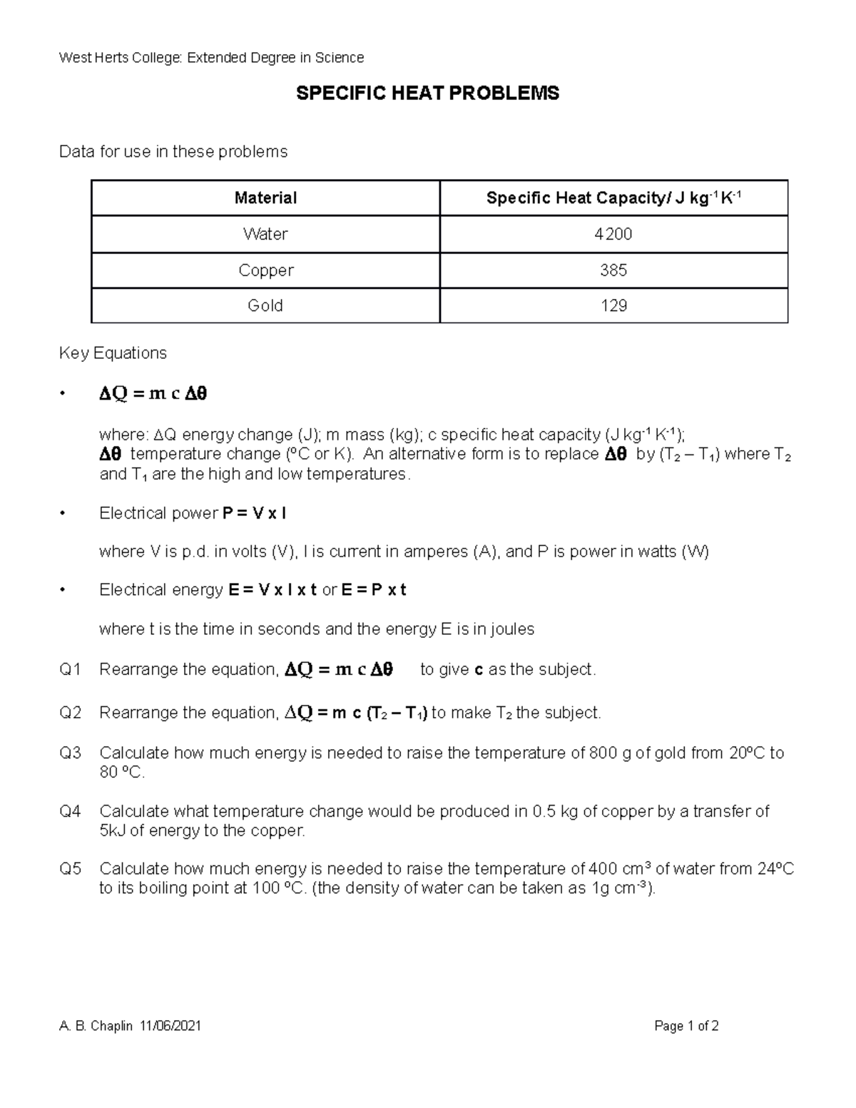 Unit 7 Energy Problems Questions West Herts College Extended