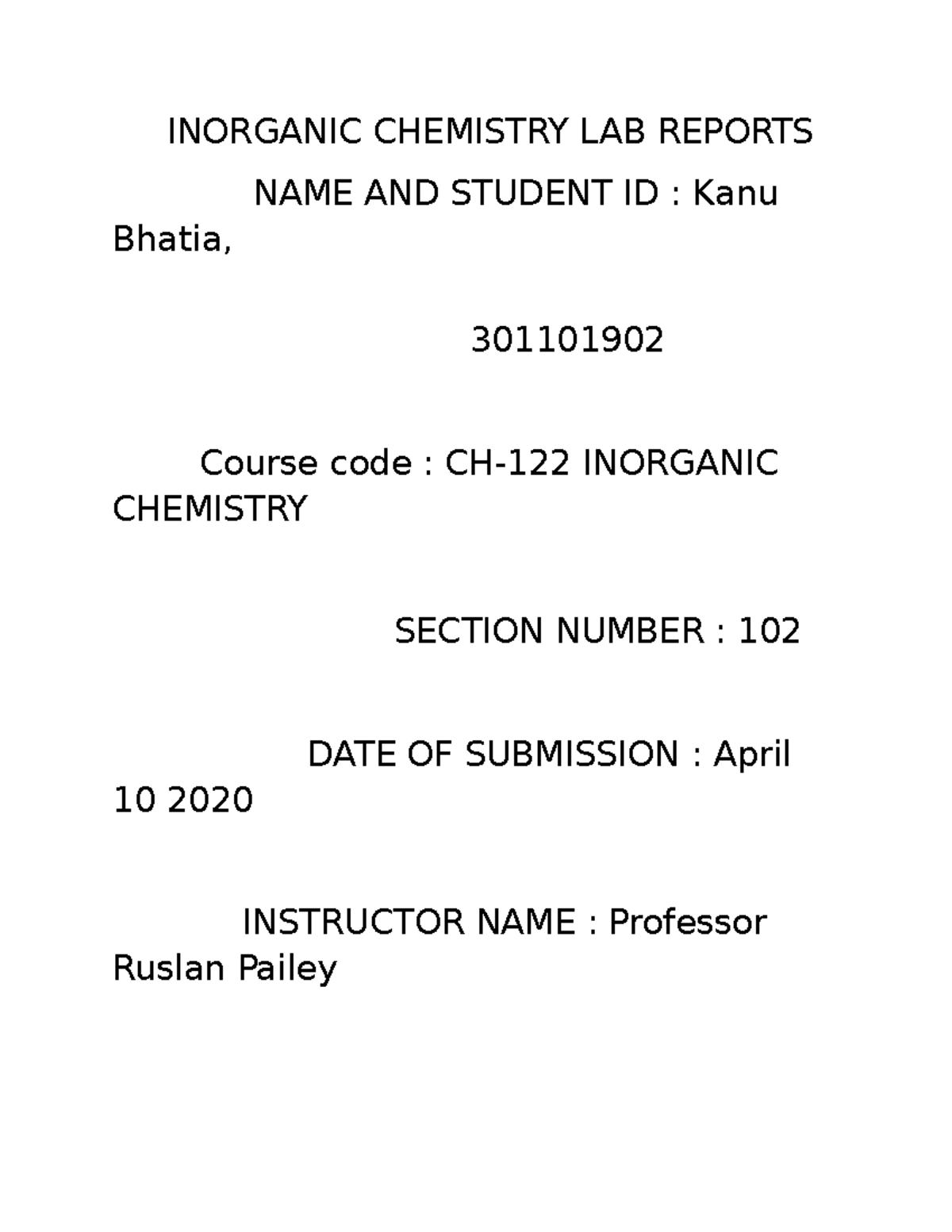 LAB7 AND 8 Inorganic - assi - INORGANIC CHEMISTRY LAB REPORTS NAME AND ...