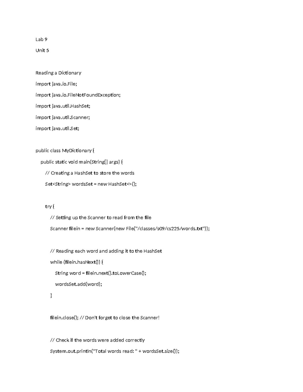 Lab9 unit 5 programming 2 Lab 9 Unit 5 Reading a Dictionary import