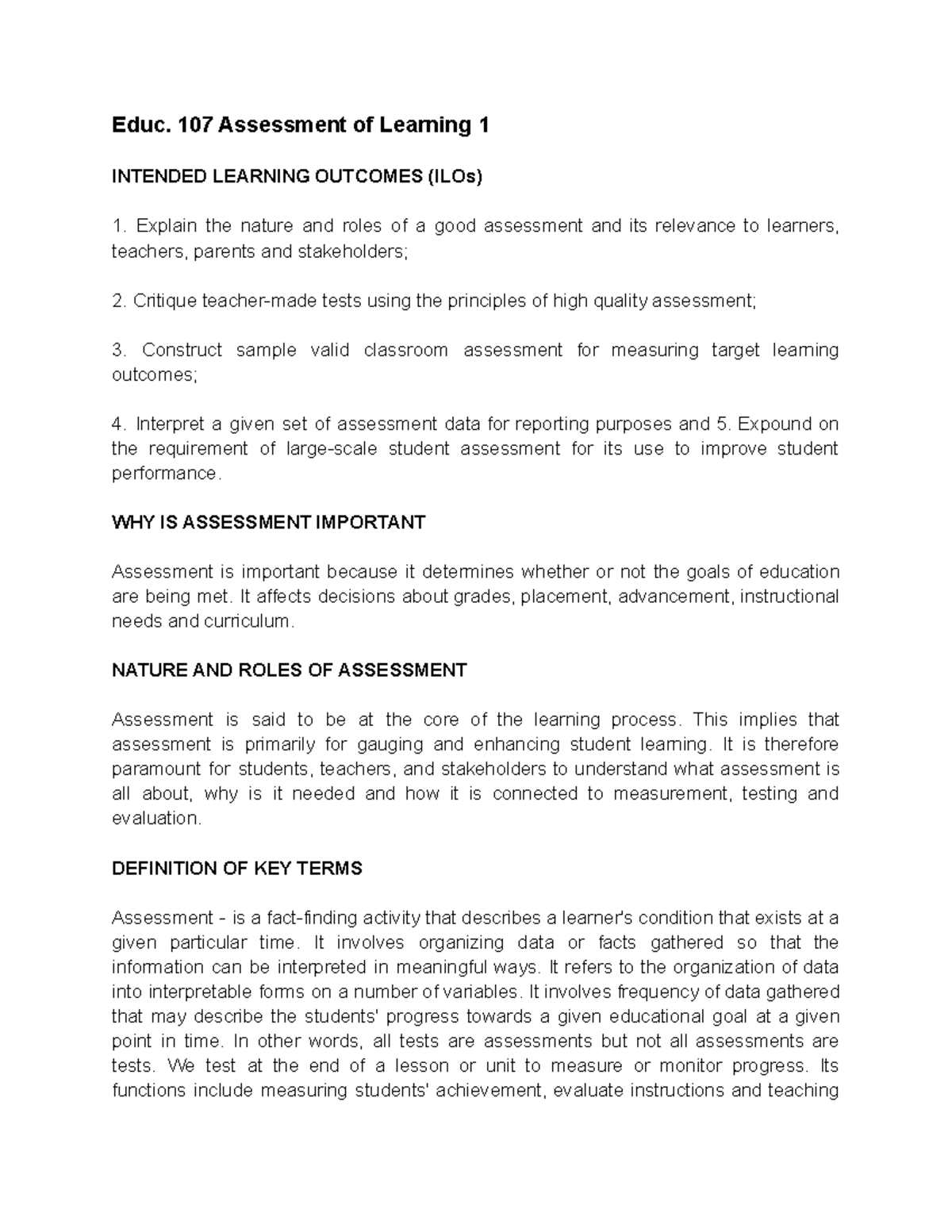 EDUC 107. Notes - Educ. 107 Assessment of Learning 1 INTENDED LEARNING ...