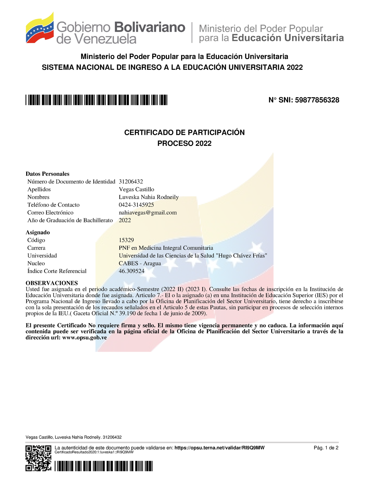 Planilla certificado opsu Ministerio del Poder Popular para la